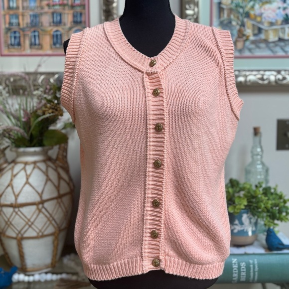 VINTAGE SWEATER VEST MADEMOISELLE KNITWEAR PEACH COLOR NAUTICAL BUTTON DOWN SZ L - Picture 1 of 7